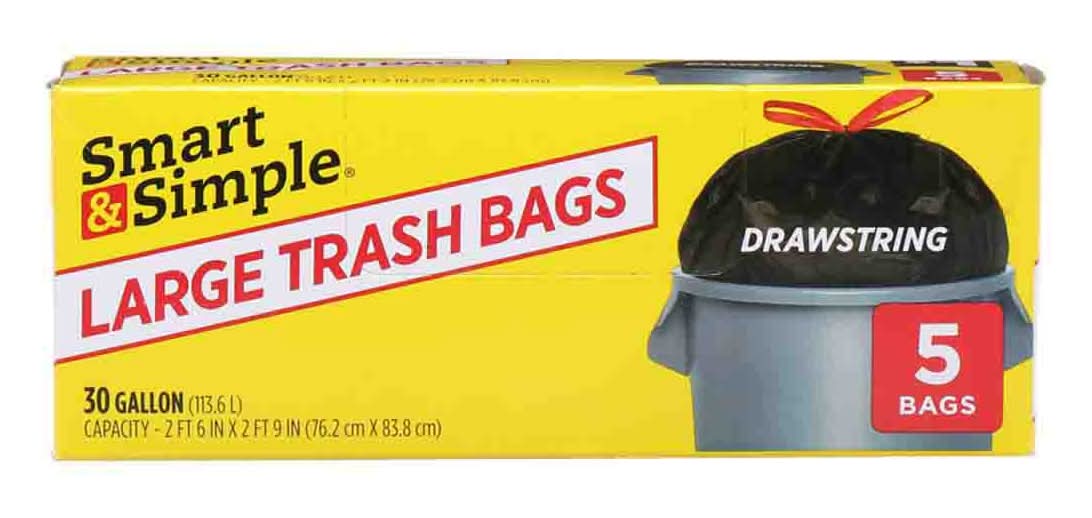 Smart & Simple Large Drawstring Trash Bags 30 Gallon 5 Ct