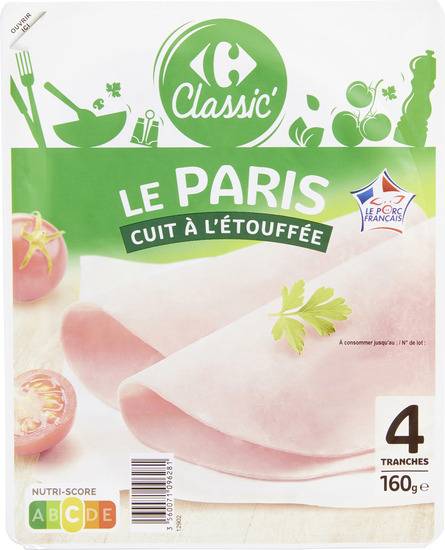 Jambon Le Paris cuit à l'étouffée CARREFOUR CLASSIC' - le paquet de 4 tranches - 160g