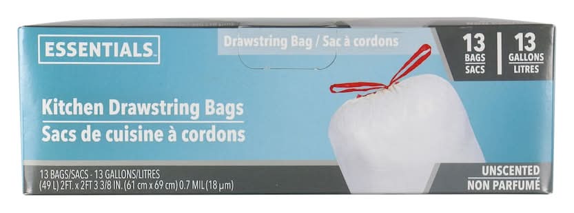 Essentials Kitchen Drawstring Garbage Bags 13 Gallon, 61x69 cm (13 ct)