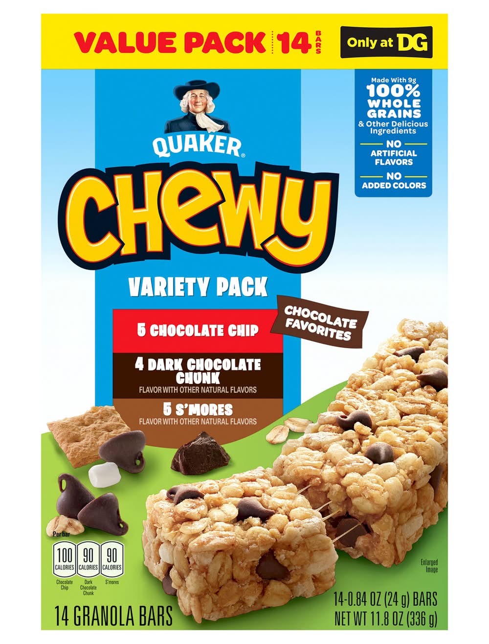 Quaker Chewy Granola Bars Variety pack, Chocolate Chip-Dark Chocolate Chunck-S'mores (14 x 0.84 oz)