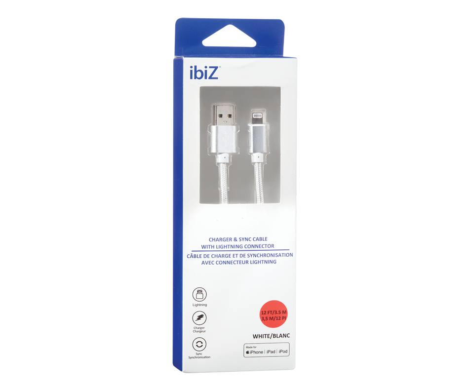 Ibiz câble de charge et de synchronisation avec connecteur lightning (3.5 m/blanc)