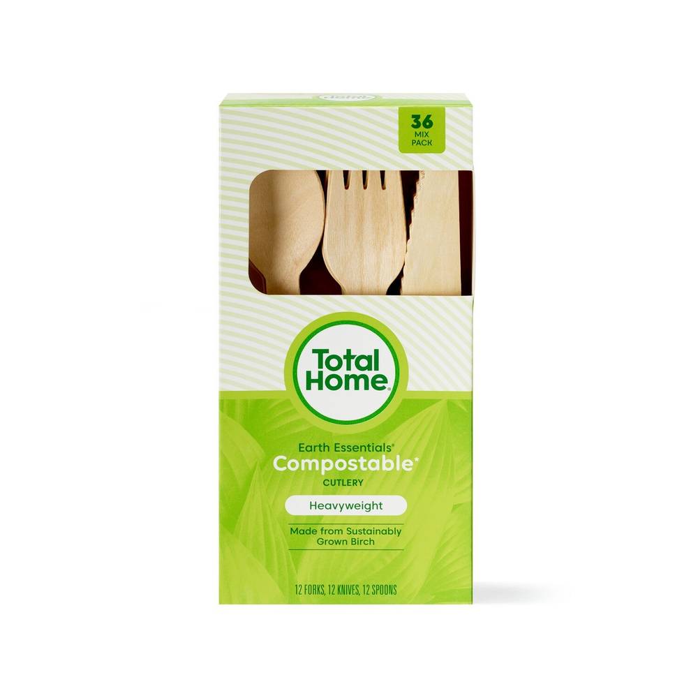 Total Home Earth Essentials Assorted Compostable Birch Cutlery, 36 Ct