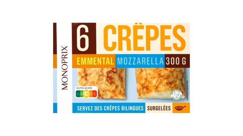 Monoprix Crêpes emmental mozzarella, surgel{es Les 6 crêpes de 50g