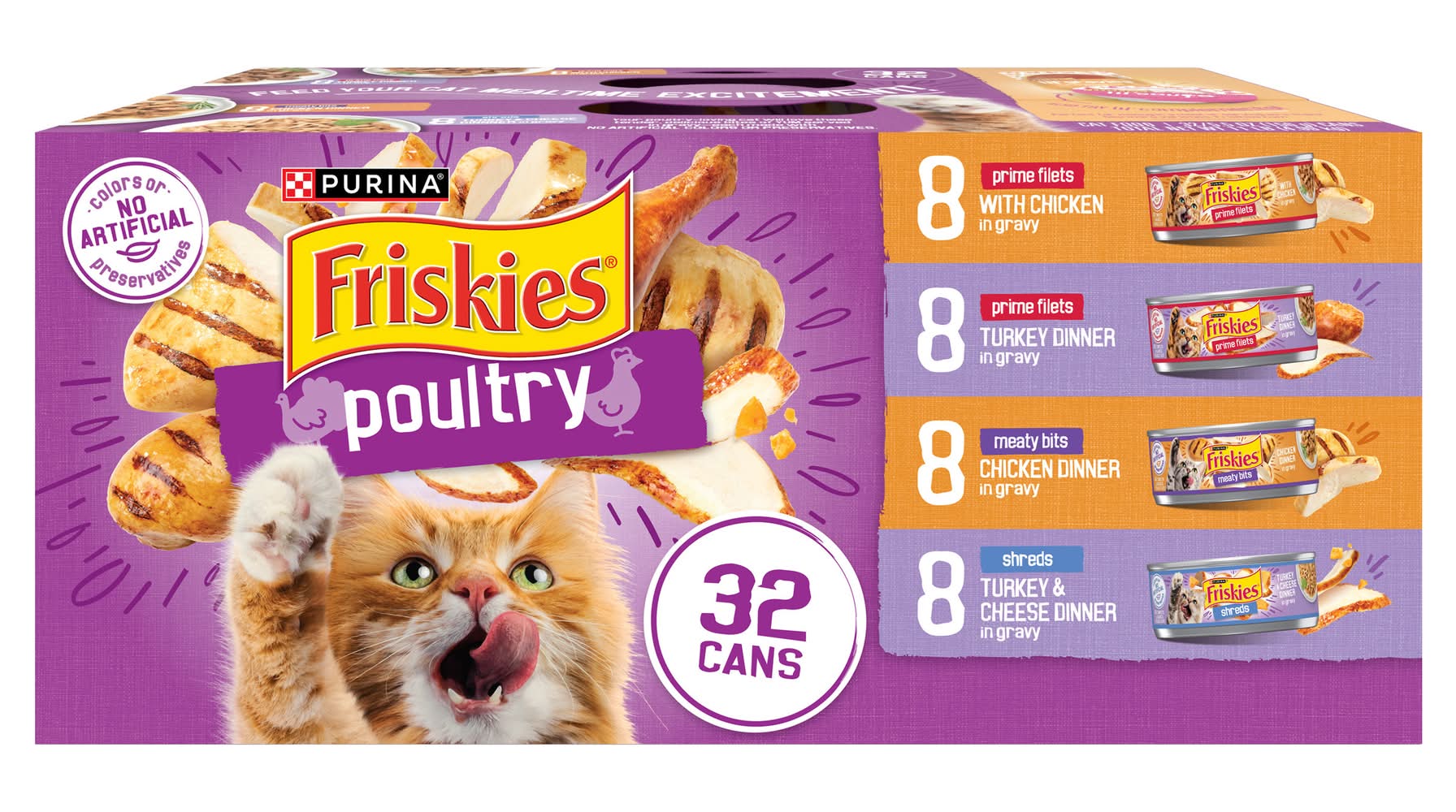 Purina Friskies Gravy Poultry Meaty Bits & Filets Wet Cat Food Variety pack, Chicken-Turkey-Cheese, Adult (32 x 5.5 oz)