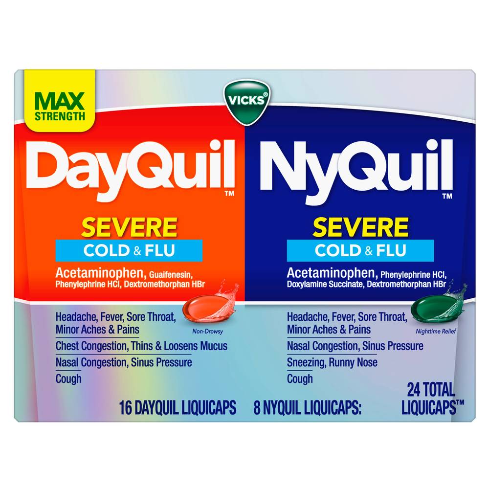 Dayquil And Nyquil Severe With Vicks Vapocool Cough, Cold & Flu Relief, 24 Caplets (16 Dayquil & 8 Nyquil) - Relieves Sore Throat, Fever, And Congestion, Day Or Night