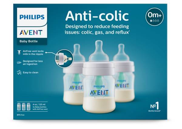Philips Avent Anti-Colic Baby Bottle With Airfree Vent, Clear, 4oz, 3pk