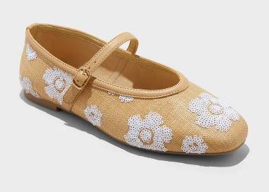 Women's Issa Raffia Floral Sequin Mary Jane Ballet Flat with Memory Foam Insole - A New Day™ Tan 11: Medium Width, Pull-On Style