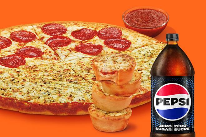 Beginner Fan Bundle: Pepperoni Slices-N-Stix with Crazy Sauce, 3 Cheese & Herb Crazy Puffs & 2L Pepsi