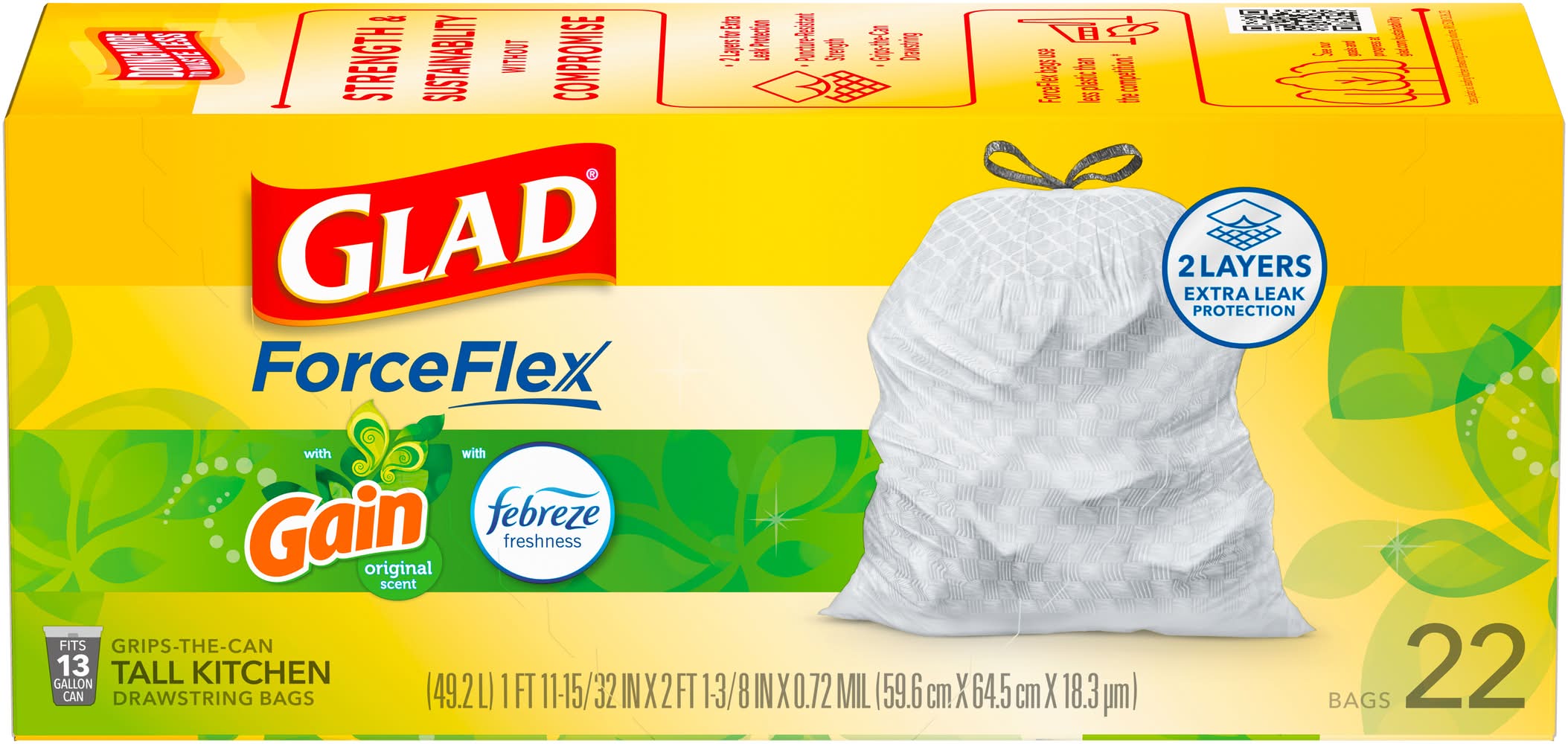 Glad Forceflex Drawstring Gain Original Odor Shield 13 Gallon, 49.2 L, 1 ft 11-15/32 in x 2 ft 1-3/8 in x 0.72 mil (22 ct)