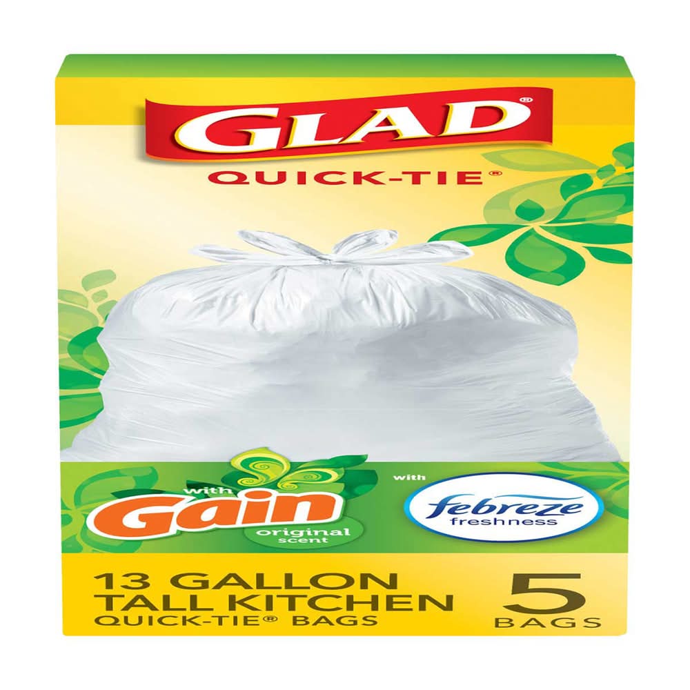 Glad Quick-Tie Tall Kitchen Trash Bags Gain Original Scent 13 Gallon 5 Ct
