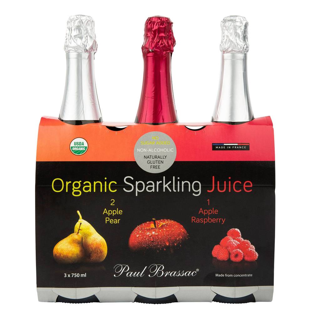 Paul Brassac Organic Sparkling Juices, 3 X 750 Ml