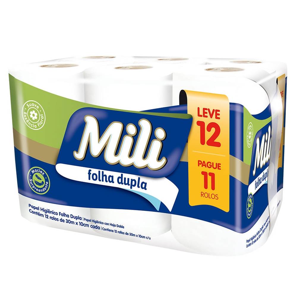 Mili papel higiênico folha dupla neutro (12 rolos)