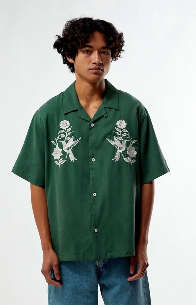 Pacsun Green Floral Embroidered Oversized Resort Camp Shirt Green S
