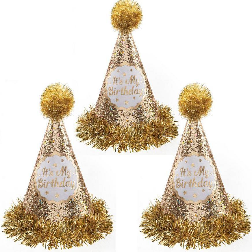 Party City It's My Birthday Cardstock Tinsel Hat (glitter gold )