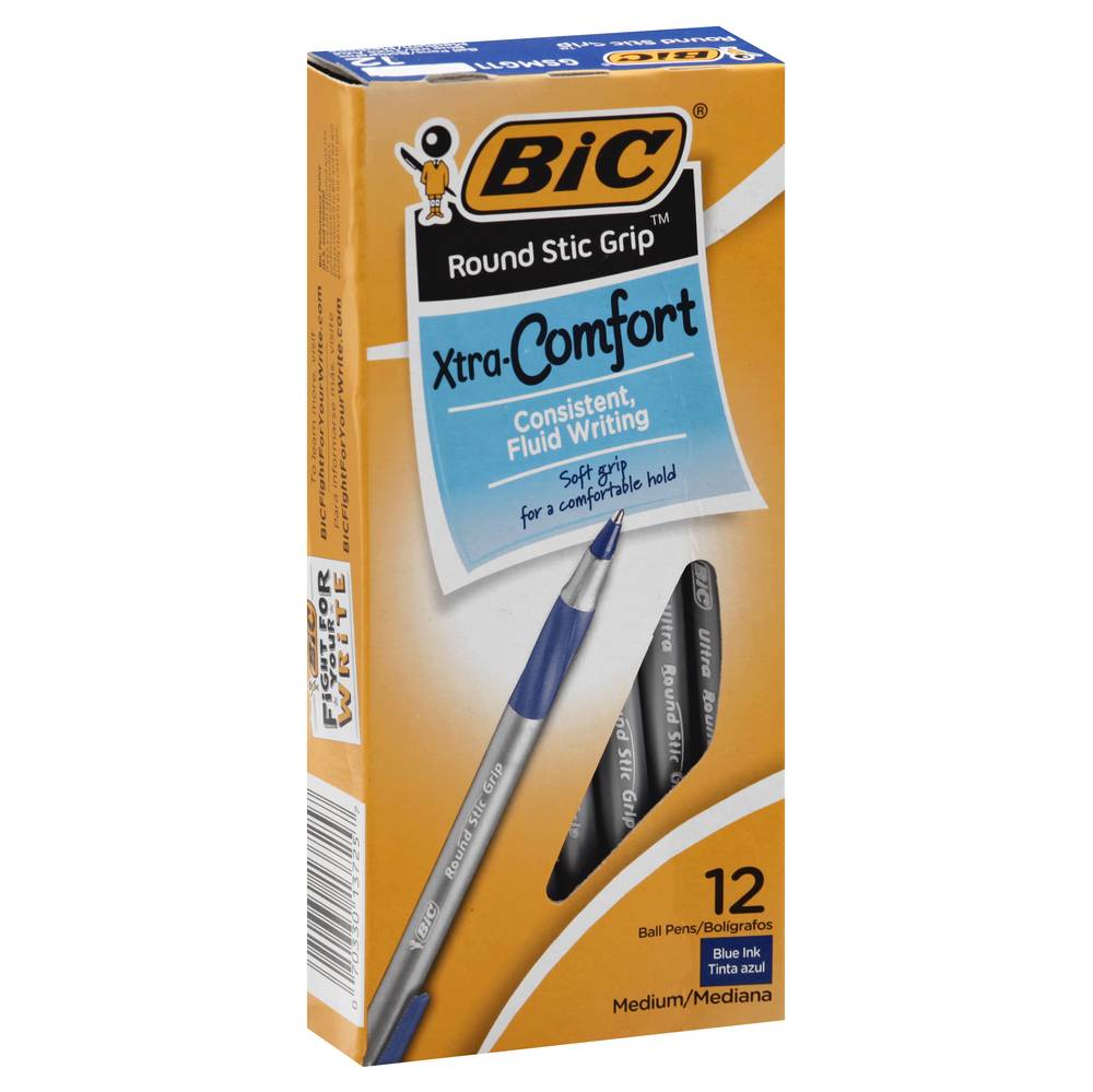 Bic Round Stic Grip Xtra-Comfort Blue Ink Medium Ball Pens (12 ct)