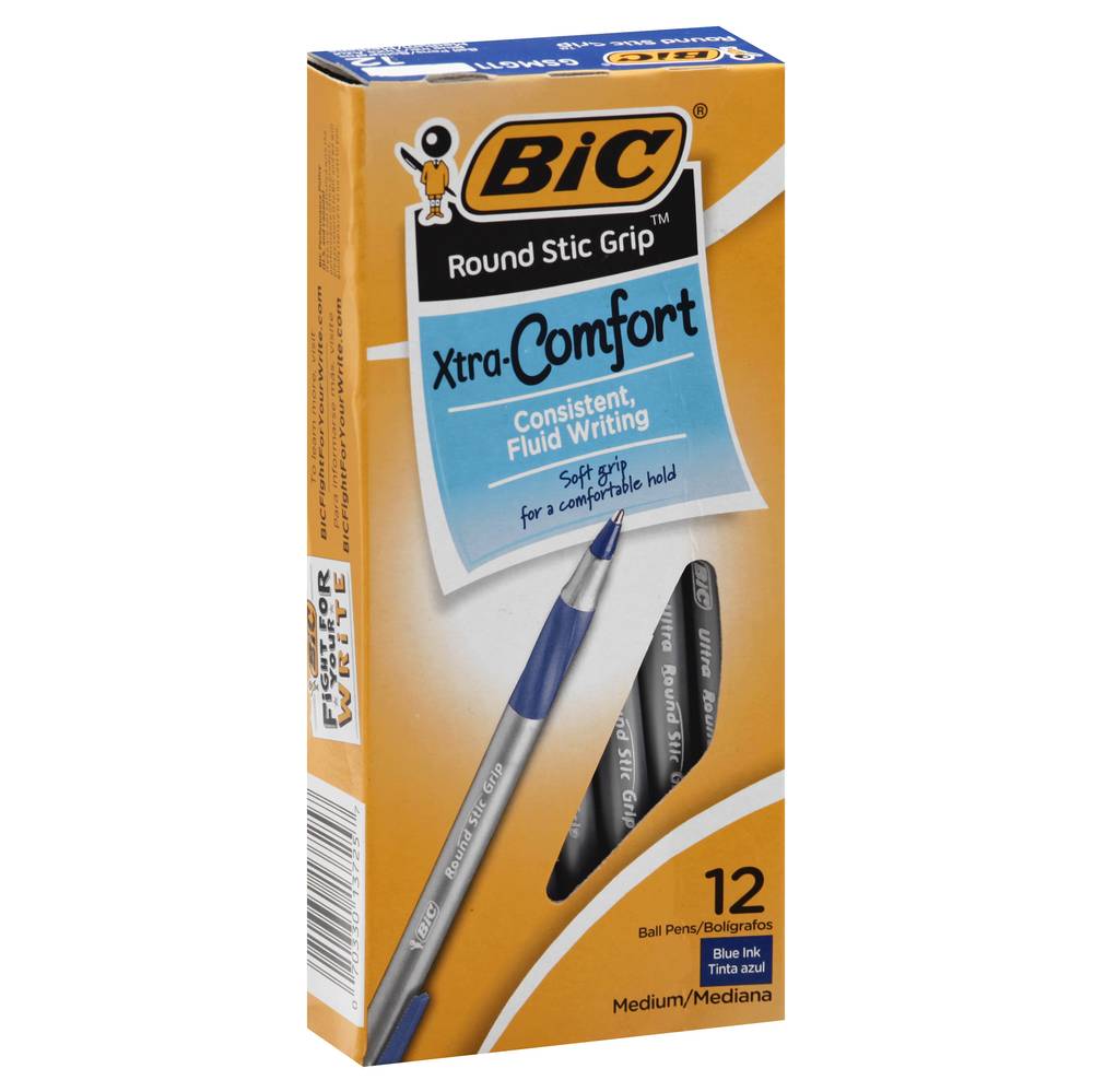 BiC Round Stic Grip Xtra-Comfort Blue Ink Medium Ball Pens (12 ct)