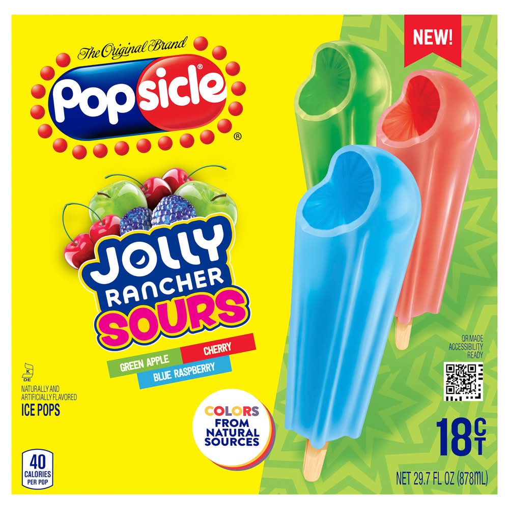 Popsicle Jolly Rancher Sours Ice Pops, Assorted (29.7 fl oz, 18 ct)