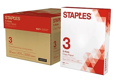 Staples 3-Hole Punch Copy Paper, 8.5 x 11, 20 lbs., 500 Sheets/Ream, 10 Reams/Carton (221192)