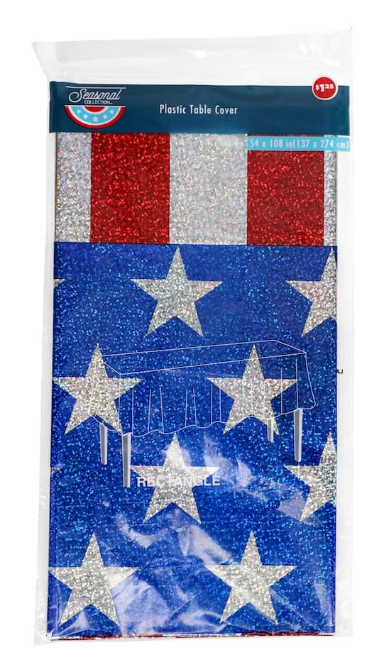 Seasonal Collection Patriotic Metallic Plastic Table Cover, 54x108 in