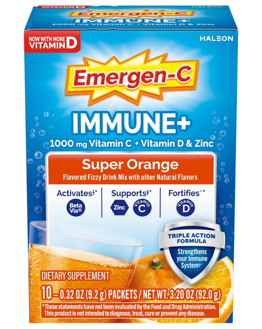 Emergen-C Immune+ Triple Action Fizzy Drink Mix Powder 1000 mg, Super Orange (10 x 0.33 oz)