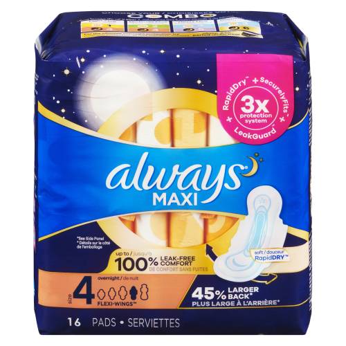 Always Maxi Overnight Pads, Size 4 (16 ct)