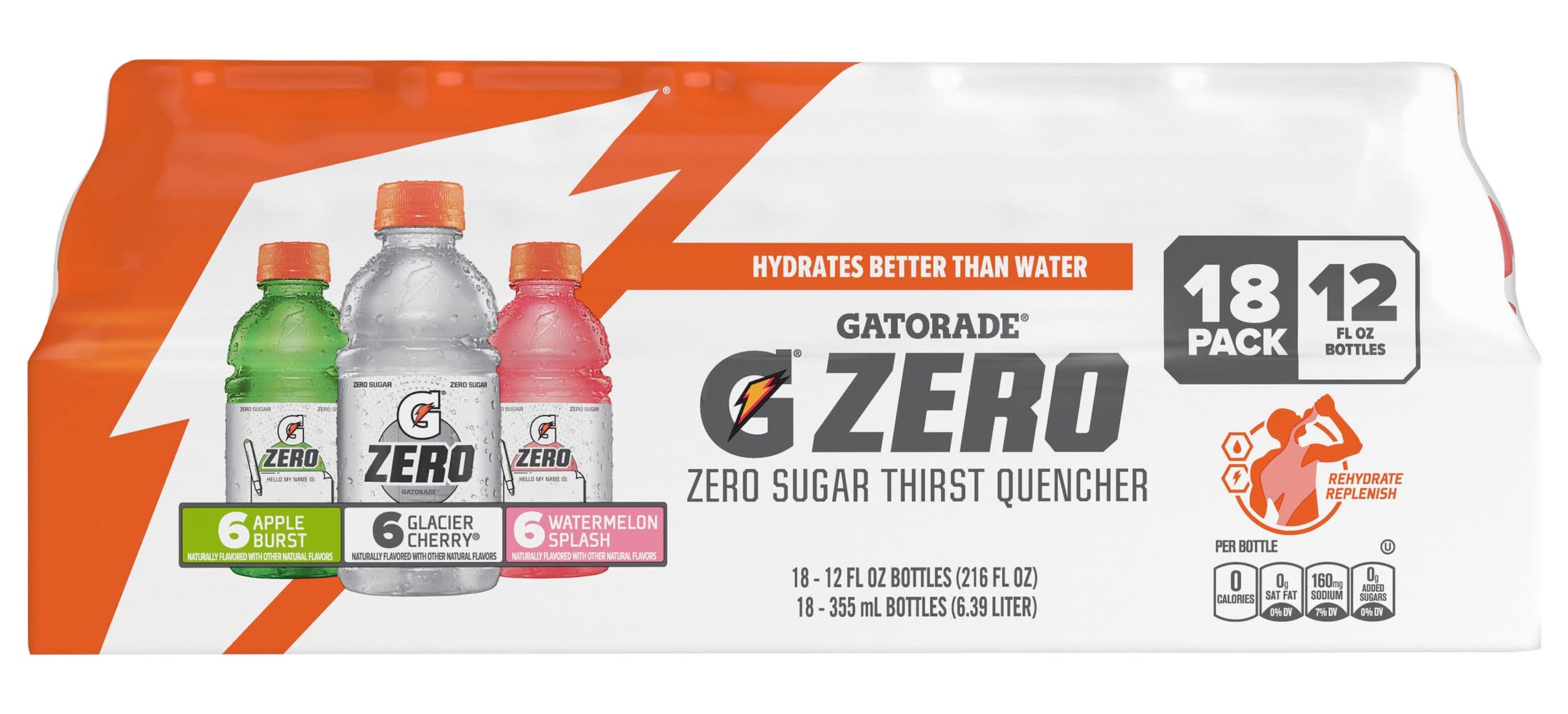 Gatorade Zero Sugar Thirst Quencher Variety pack, Apple Burst-Glacier Cherry-Watermelon Splash (216 fl oz, 18 ct)