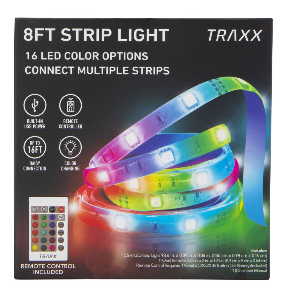 Traxx Led Light Strip With Remote, 8 ft, Assorted