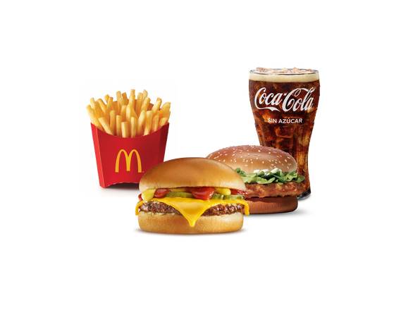 McPollo, Hamburguesa con Queso, McPapas® Medianas y Coca-Cola mediana