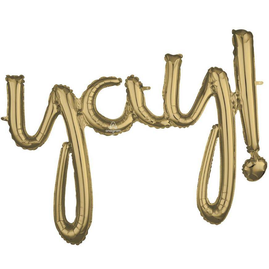 Uninflated Air-Filled White Gold Yay Cursive Letter Balloon Banner, 35in x 25in