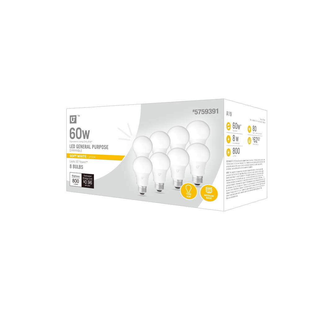 Utilitech 60-Watt EQ A19 Soft White E26 Dimmable LED General Purpose Light Bulb (8-Pack) | YGA03C76-8.5W-827-8