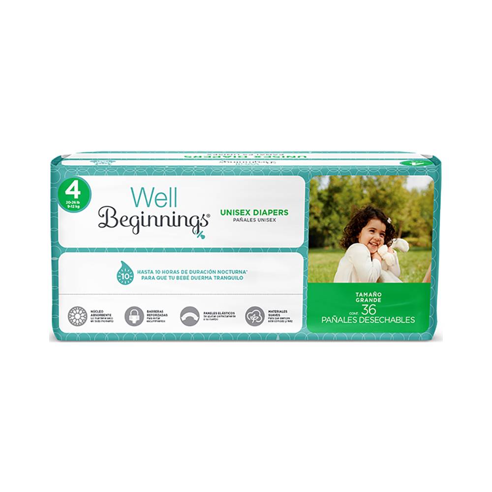 Well Beginnings · Pañales, unisex, G - Etapa 4 (36 un)