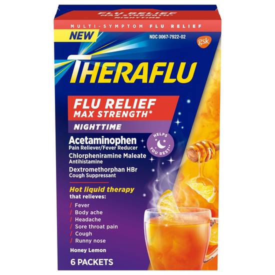 Theraflu Max Strength Nighttime Flu Relief, Hot Liquid Powder Packets, Honey Lemon Flavor, 6 CT