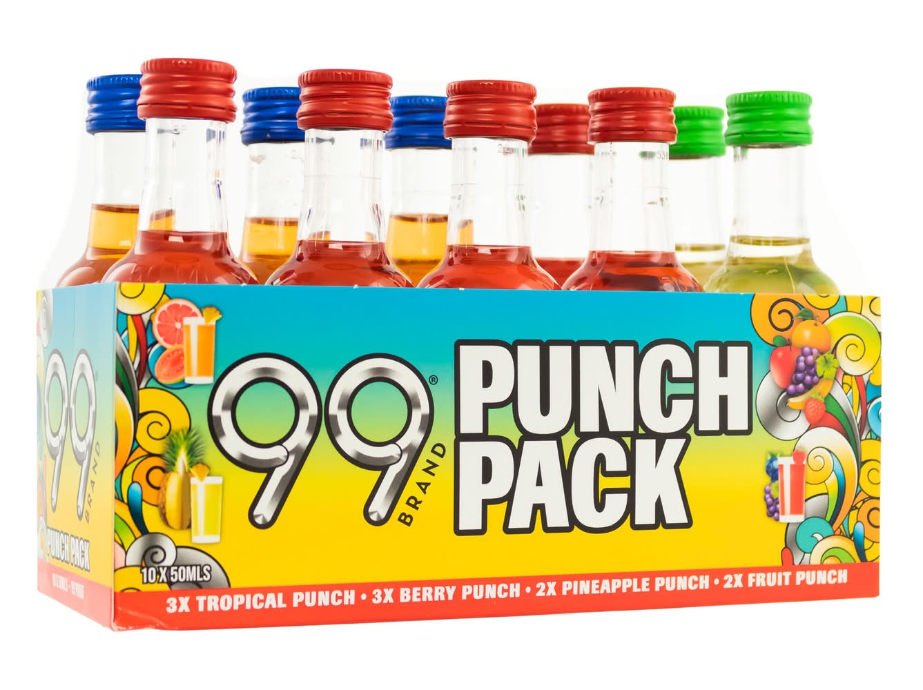 99 Brand Punch Variety pack Liqueur, Tropical-Berry-Pineapple-Fruit (10 x 50 ml)