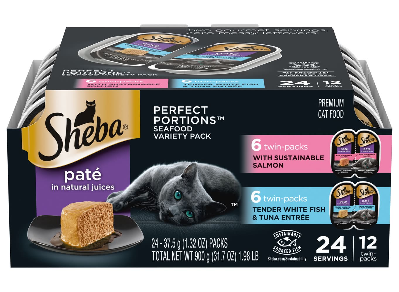 Sheba Perfect Portions Premium Paté Wet Cat Food Variety pack, Sustainable Salmon-Tender White Fish & Tuna (24 x 1.32 oz)