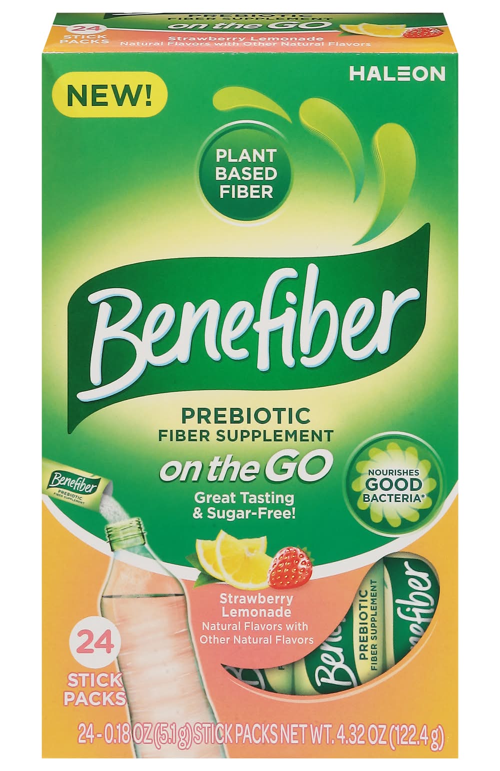 Benefiber On the Go Prebiotic Fiber Supplement, Strawberry & Lemonade (0.18 oz, 24 ct)
