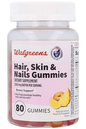 Walgreens Hair Skin & Nails Gummies 2500 Mcg, Natural Lemon-Peach-Pineapple (80 ct)