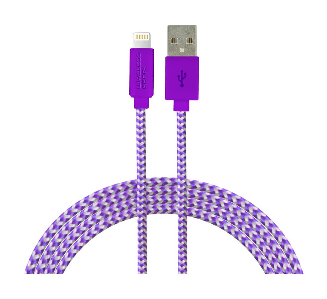 Wireless Gear Lightning Braided Usb Cable, 10 Ft, Purple-White