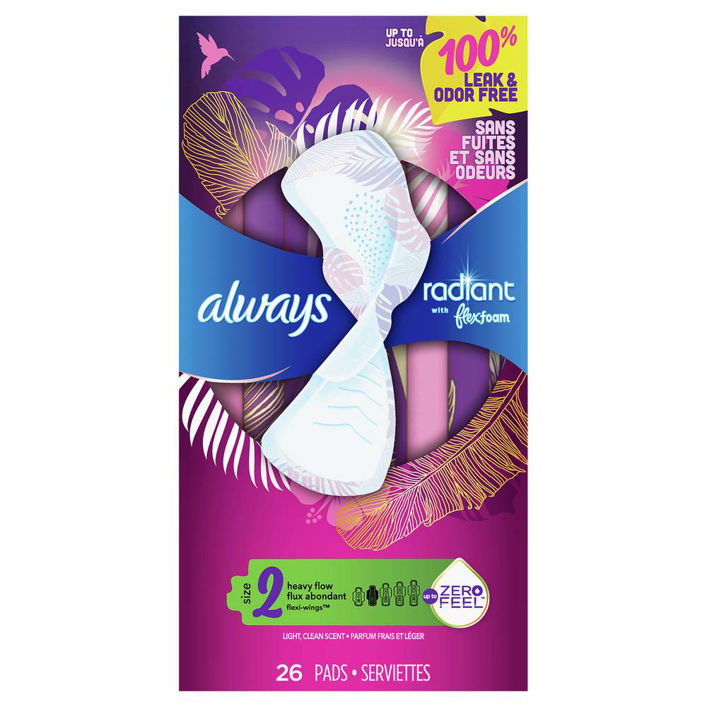 Always Radiant Flexfoam Pads For Women Heavy Flow Absorbency Leak & Odor Free Light Scented