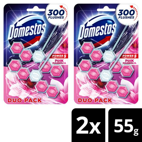 Domestos Power 5 Duo Pack Toilet Rim Block Pink Magnolia 2 x 55 g
