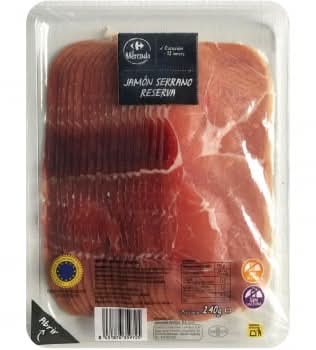 Jamón serrano reserva en lonchas Carrefour El Mercado sin gluten y sin lactosa 240 g