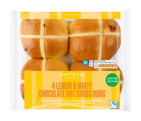 Waitrose & Partners White Chocolate and Lemon, Hot Cross Buns (4 pack)