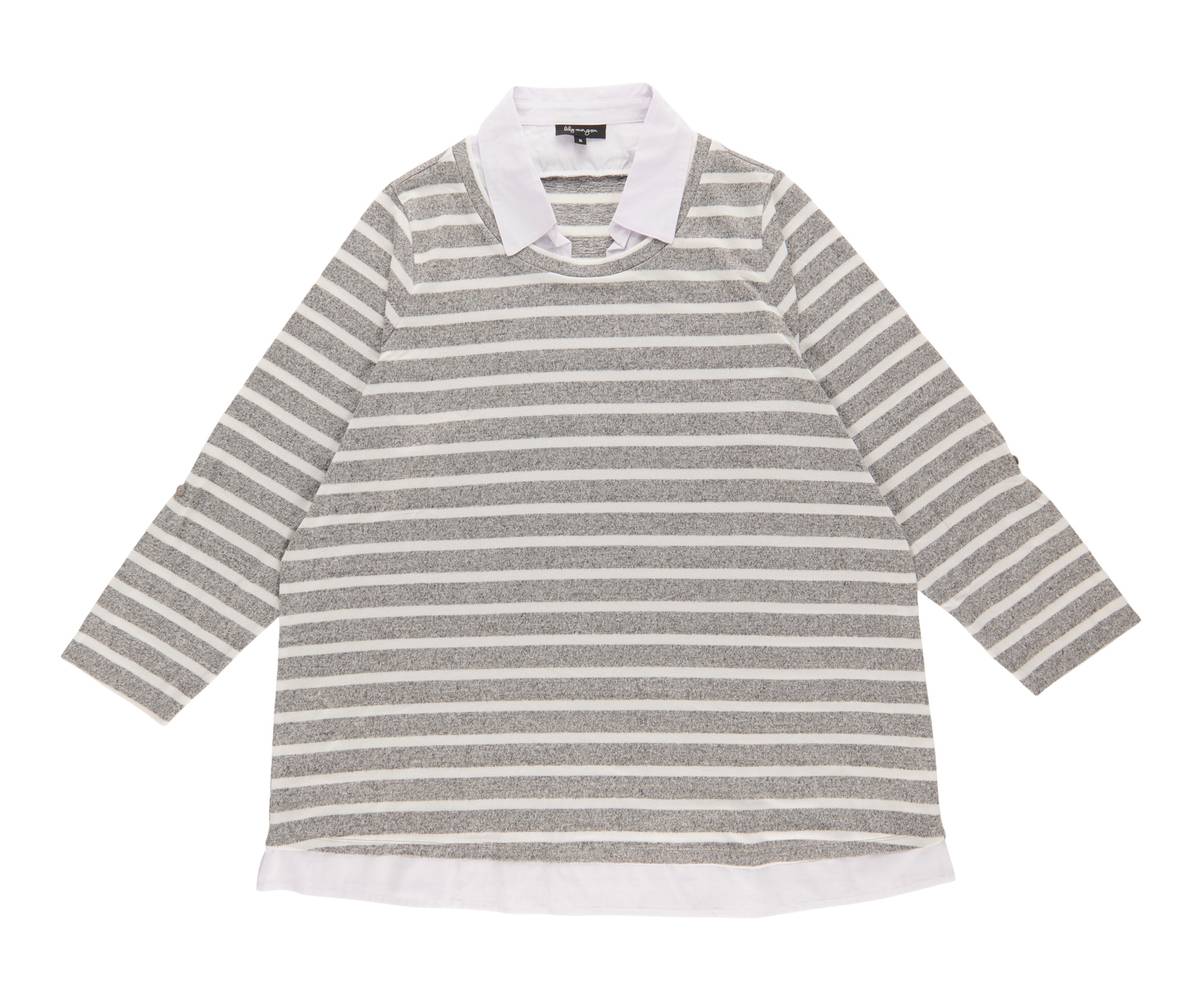 Haut à col à effet superposé taille Plus lily morgan pour femmes (1X, Rayure gris MD ST5) / lily morgan Women's Plus Fooler Top with Collar (1X, Md Grey ST5)