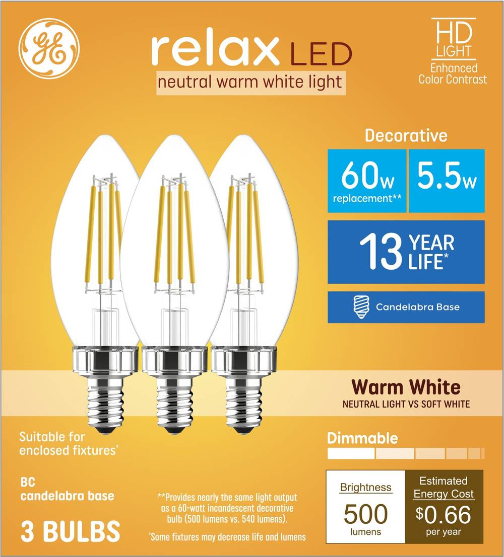 GE Relax HD 60-Watt EQ B11 Warm White Candelabra Base (e-12) Dimmable LED Decorative Light Bulb (3-Pack) | 93130850