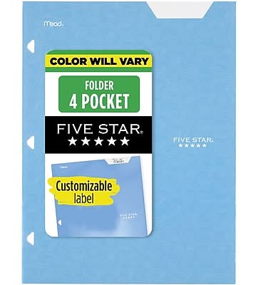 Five Star 3-Hole Punched 4 Pocket Paper Portfolio Folder, Assorted Colors (33106X)