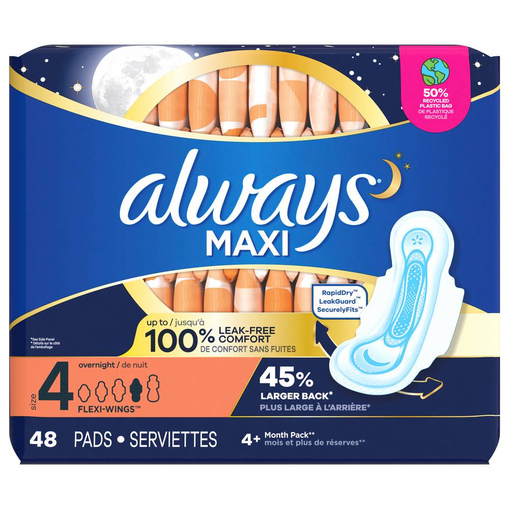 Always Maxi Overnight Pads With Flexi-Wings Size 4 Mega pack (48 ct)