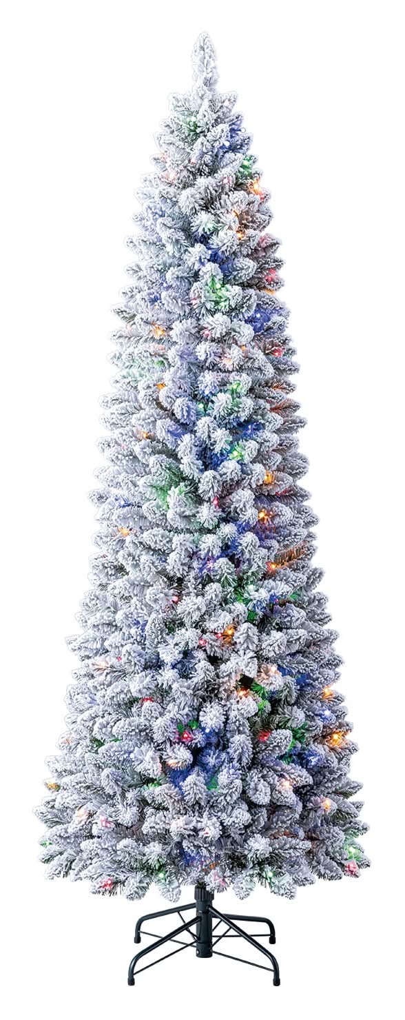Holiday Living 7-ft Flocked Greensboro Pencil Pre-lit Artificial Christmas Tree with Color Changing LED Lights