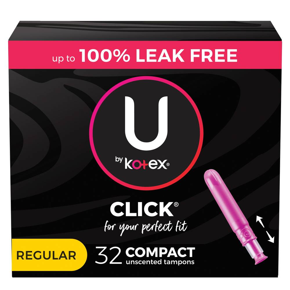 U By Kotex Click Compact Tampons, Regular Absorbency, Unscented, 32 Count