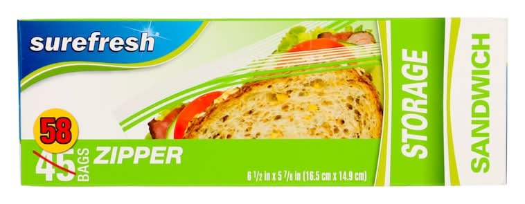 SureFresh Double Zipper Seal Sandwich Bags, 6 1/2x5 7/8 in (58 ct)