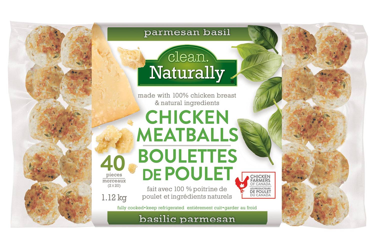 Clean Naturally - Boulettes De Poulet Parmesan Et Basilic Propres 1,12 Kg / Clean Naturally Basilic Parmesan Chicken Meatballs, 1.12 Kg