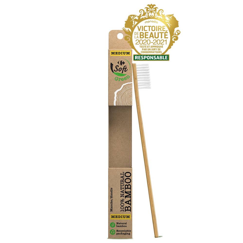 Carrefour Soft Green - Brosse à dents medium 100% natural bamboo